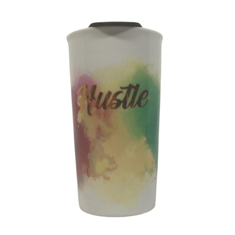 10 Strawberry Street Hustle Ceramic Travel Mug Watercolor Gold Script 6in